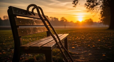 Walking Sticks Leaning on Park Bench at Sunset – Symbol of Aging and Care