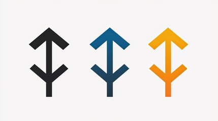 Triple Abstract Arrow Icons: Black, Blue, Orange Gradient Minimalist Design