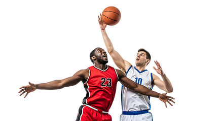 Two basketball players reaching for the ball during a game