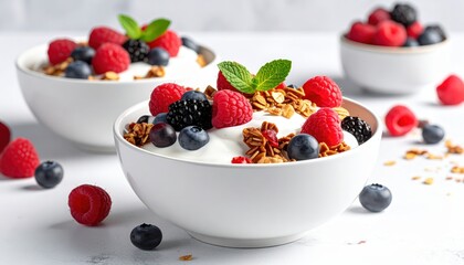Fresh and vibrant breakfast bowls displaying yogurt, raspberries, blackberries, and blueberries, finished with granola and mint leaves, against a bright background.