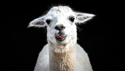 Close-up of a white alpaca with its tongue out against a black background