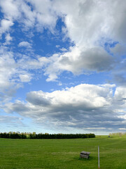Beautiful natural landscape with a green meadow under a blue sky with white cumulus clouds on a warm summer day.
