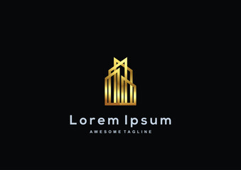 Golden Building Logo, Luxury Real Estate and Architecture Symbol, Elegant Skyscraper Design for Property, Construction, and Corporate Branding