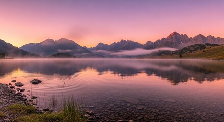 Serene mountain lake reflection during a tranquil sunrise or sunset with pink and purple sky, ideal for nature travel and calmness