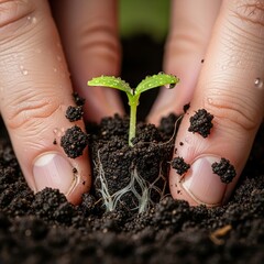 Close-up photo of fingers gently planting a young green seedling with exposed roots in dark soil, symbolizing sustainable growth and conservation
