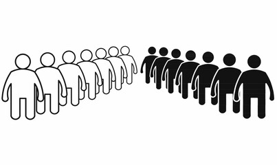 Long queue icon with outline  silhouette human figures in line, symbol of waiting, population, teamwork, order, community, and social organization vector.
