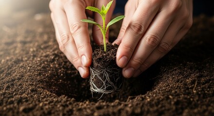 Close up hands planting seedling soil, symbolizing growth, ecology, and environmental sustainability for nature conservation campaigns