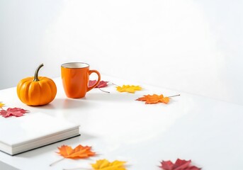 Modern minimalist Halloween workspace with clean desk, pumpkin, orange mug, and autumn leaves
