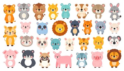 Collection of cute cartoon animals, diverse species in various poses