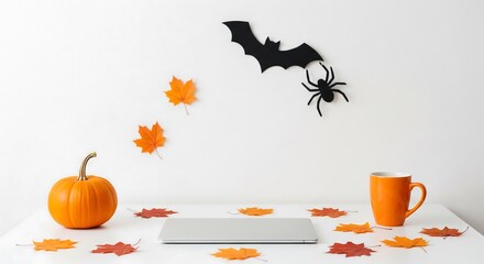 Modern white workspace with small pumpkin, orange mug, autumn leaves, and minimalist Halloween wall decoration.