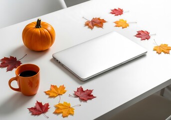 Modern minimalist Halloween workspace with a sleek laptop on a white desk, small pumpkin, orange coffee mug, and autumn leaves.