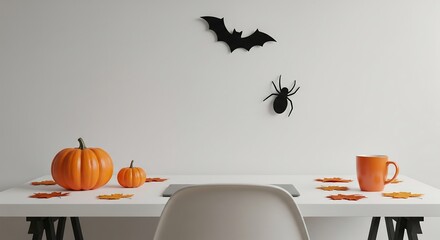 Modern white workspace with small pumpkin, orange mug, autumn leaves, and minimalist Halloween wall decoration.