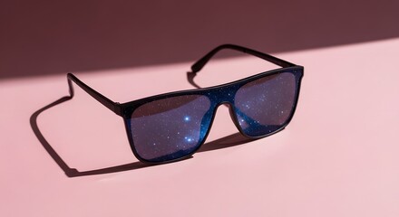 Stylish black sunglasses reflecting galaxy on vibrant pink background Space Universe Cosmos Stars Dream Fashion Style Vision Future Accessory Aesthetic
