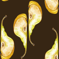 Seamless pattern of hand-drawn slices of ripe pear on a dark brown background. Watercolor illustration with juicy yellow fruits. A botanical template for packaging, tableware, wallpaper and textiles