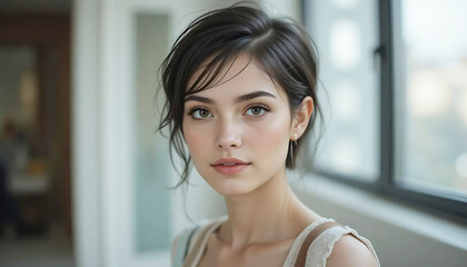 Person with Tousled Short Hair in Light Top Standing Near Window in Calm, Naturally Lit Interior