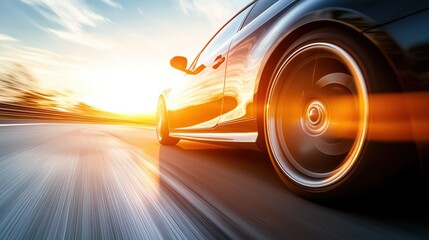 A car speeds down a sunlit highway, capturing the essence of freedom and motion.