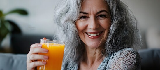 An old woman drinking fresh orange juice for healthy, vitaminized nutrition in an active life