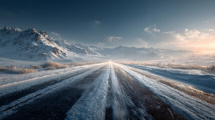 Fototapeta premium Lonely Snow-Covered Highway Stretching Through Vast White Landscape Under Blue Sky