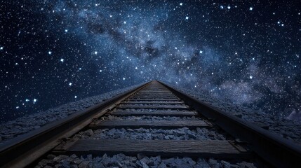 Celestial Tracks: The tracks of a railroad stretch into the night sky, under a canopy of stars and a stunning display of the Milky Way, evoking feelings of journey and discovery.