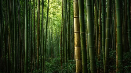 Fototapeta premium Bamboo Forest Serenity: A photorealistic view of a dense bamboo forest, tall slender bamboo stalks creating a mesmerizing tunnel through nature, a true representation of tranquil environment.
