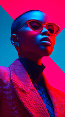 fashion portrait of model wearing sunglasses with vibrant pink and blue lighting creating sharp contrast on skin texture