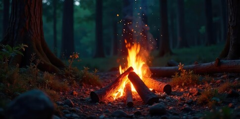 Warm summer night, crackling campfire casting a glowing orange light on the surrounding woods, embers glowing brightly Perfect for relaxation and storytelling , nature, peaceful
