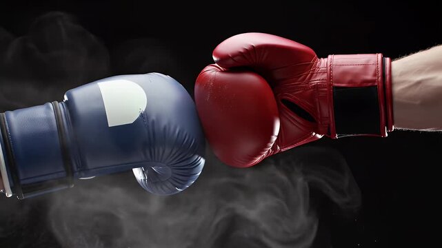 Close Up of Boxing Gloves Clashing Red Versus Blue in a Dark Studio Setting