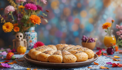 Braided Bread with Poppy Seeds Surrounded by Flowers and Festive Decor for Día de los Muertos