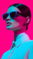 fashion portrait of model wearing sunglasses with vibrant pink and blue lighting creating sharp contrast on skin texture
