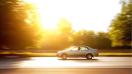 A car speeds down a sunlit highway, capturing the essence of freedom and motion.