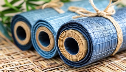 Rolled mats in shades of blue, tied with twine, on a woven mat