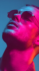 fashion portrait of model wearing sunglasses with vibrant pink and blue lighting creating sharp contrast on skin texture