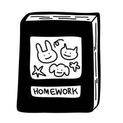 homework. book. child. kid. children. Children's homework. drawing. doodle. animals. rabbit. dog. cat. black. white. cartoon. book.