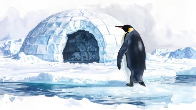 A penguin walks by an igloo on a snowy landscape