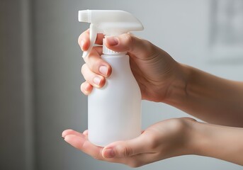 Female hands holding a white spray bottle for cleaning solutions
