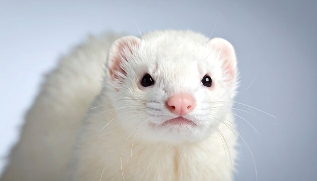 Close-up of a white ferret.  Soft focus, light background