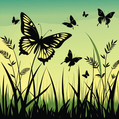 Butterflies flying over a field of grass in a nature inspired illustration