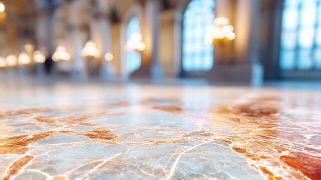 Marble Symphony: A low-angle shot presents the exquisite marble surface, leading the eye into an ethereal, classical architecture, bathed in soft, warm light.