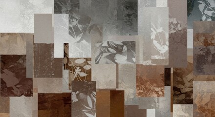 Illustration of abstract mosaic of earthtoned squares with floral and leaf patterns creating a textured and artistic background for various applications