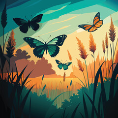 Butterflies fluttering above tall grass at sunset with trees in the background