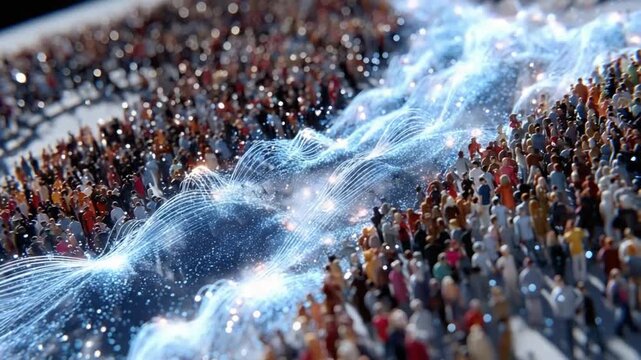 Digital Population Flow: A vibrant, conceptual representation of a dense crowd with interwoven digital streams of data, symbolizing interconnectedness and the flow of information.