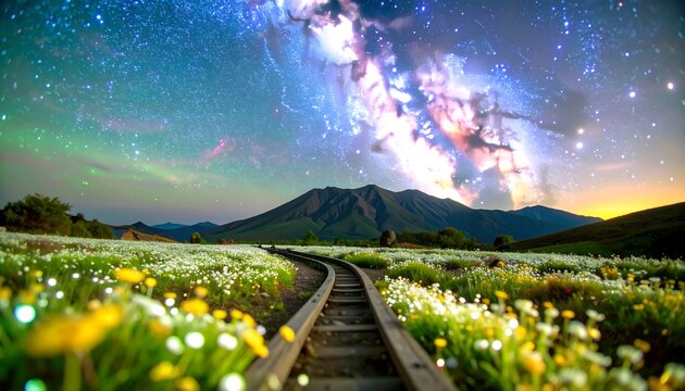 Starry night, mountain, train tracks, flowers