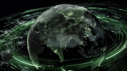 Animated green screen globe spins with glowing light trails and detailed land masses showcasing the digital world against a dark abstract background - Powered by Adobe