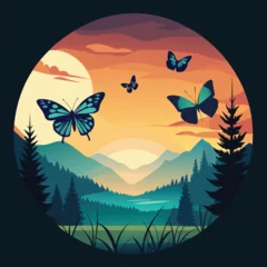 Crédence de cuisine  A vibrant landscape with butterflies and mountains at sunset or sunrise  © Prodeep