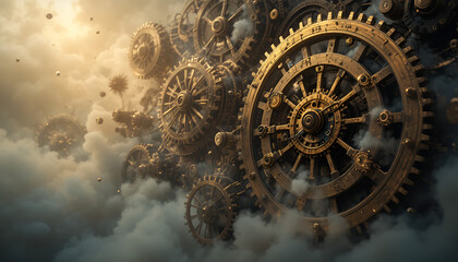 Steampunk gears and cogs floating in the clouds, a mechanical dreamscape