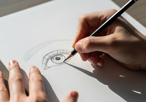 Human eye drawing creation with pencil on paper, showcasing creative artistic expression and skill with detail and light