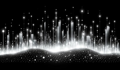 Abstract city skyline, illuminated by light beams