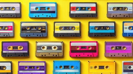 A vibrant collection of retro audio cassette tapes on a bright yellow background.