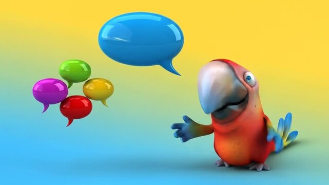 Playful Animated Parrot Presenting Colorful Speech Bubbles on Gradient Background