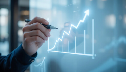 Hand Pointing at Upward-Trending Financial Graph on Digital Screen